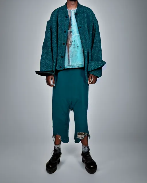 Prompt: an award - winning photo of a male model wearing a cropped baggy teal distressed medieval menswear harrington jacket by issey miyake, 4 k, studio lighting, wide angle lens