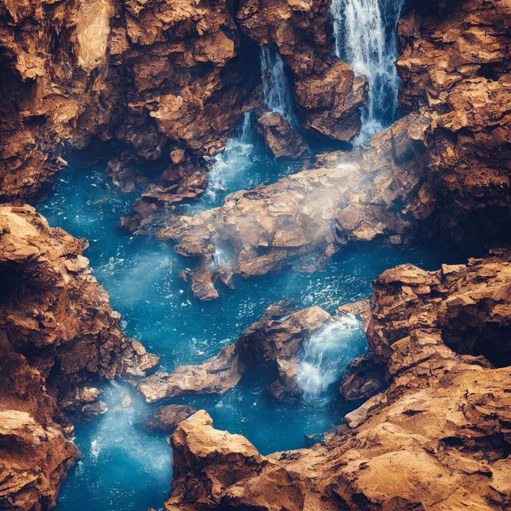 Image similar to waterfall slot canyons made of gold and obsidian, bright blue water, birds eye view, volumetric lighting, octane render, magical, dramatic, stunning, cinematic shot 8K HDR 4K very detailed, moody, ambiance