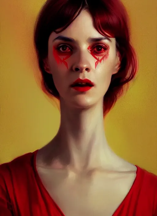 Image similar to portrait of a woman with a crooked nose and a severe expression, 1 9 6 0 s, long hair, red clothes, bangs, intricate, elegant, glowing lights, highly detailed, digital painting, artstation, concept art, smooth, sharp focus, illustration, art by wlop, mars ravelo and greg rutkowski