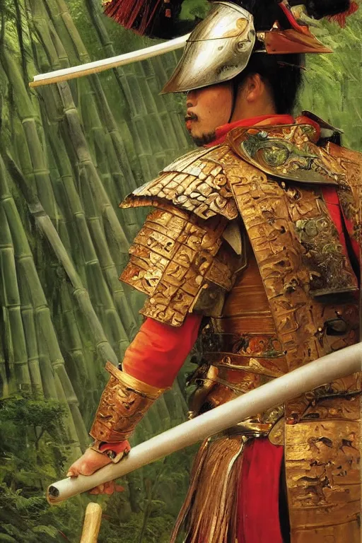 Prompt: close up of samurai warrior in full armor, in a bamboo forest, by vladimir volegov and alexander averin and delphin enjolras and daniel f. gerhartz