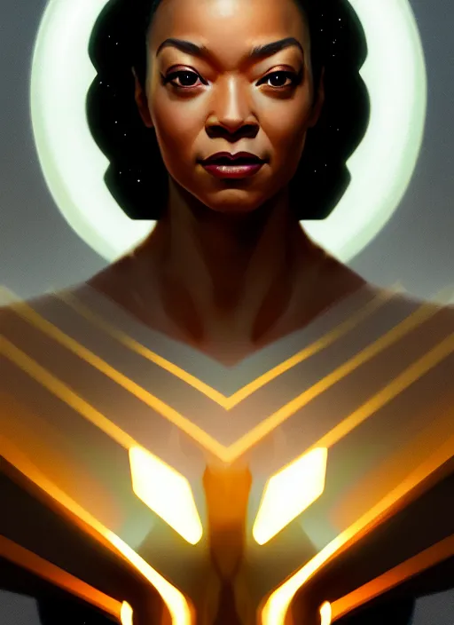 Image similar to portrait of modern darna, sonequa martin - green, intricate, elegant, glowing lights, highly detailed, digital painting, artstation, glamor pose, concept art, smooth, sharp focus, illustration, art by wlop, mars ravelo and greg rutkowski