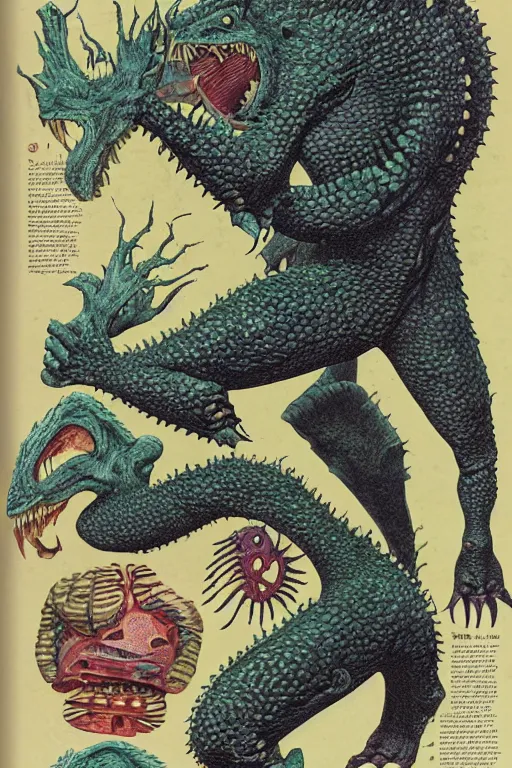 Image similar to biology textbook page, kaiju, 1990s, vintage, anatomy