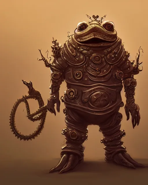 Image similar to a slimy anthropomorphic toad king wearing ornate steampunk armor, smooth, intricate, elegant, digital painting, artstation, steam, grungy steel, concept art, sharp focus, octane render, illustration, art by josan gonzalez and riot studios and blizzard studios,