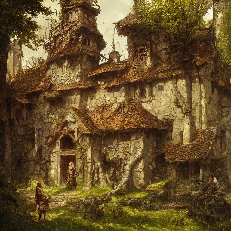 Image similar to a detailed painting of a medieval building in forest. fantasy poster. lord of the rings style. cinematic fantasy scene. fantasy. carl spitzweg. renaissance elements. renaissance element. oil painting. award winning. trending on artstation. 8 k