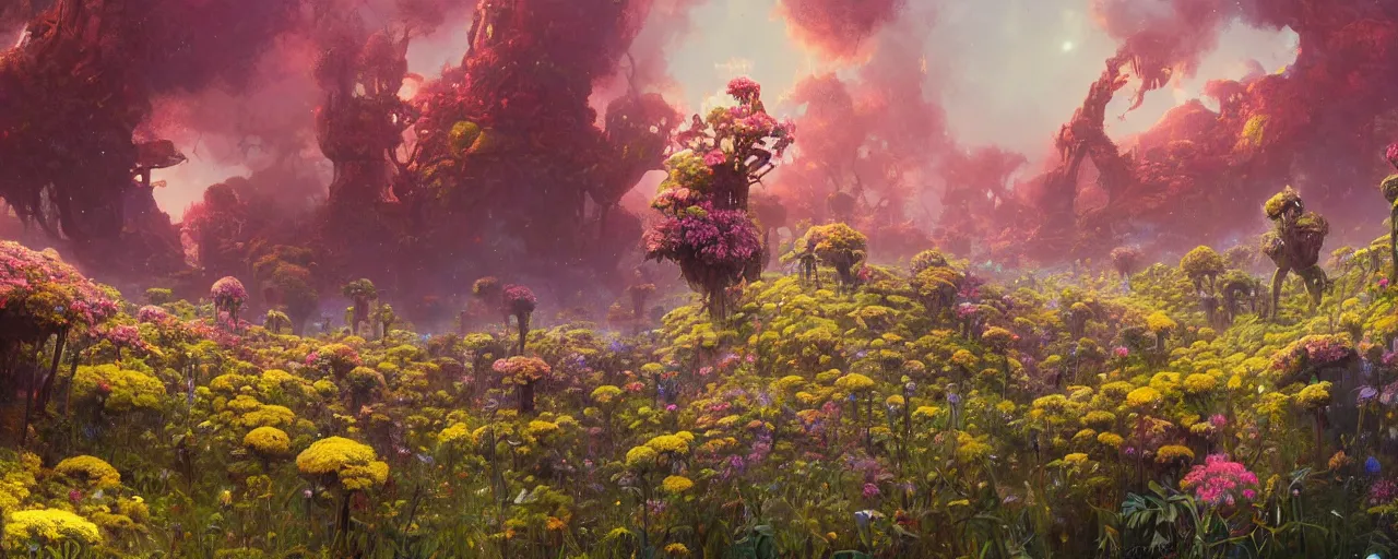 Prompt: ” outer planet overgrown with wild flowers, [ art by paul lehr, cinematic, detailed, epic, widescreen, opening, establishing, mattepainting, photorealistic, realistic textures, octane render ] ”