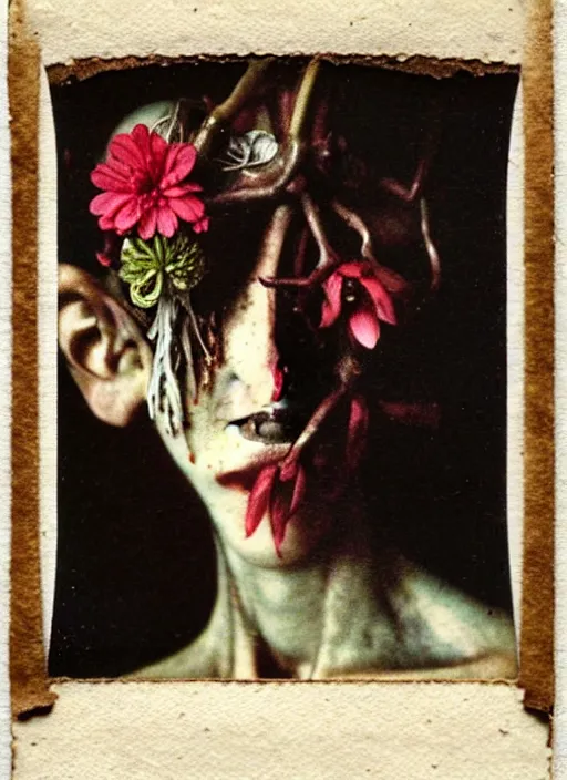 Image similar to beautiful and detailed rotten woman made of plants and many different types of flowers, muscles, intricate, organs, ornate, surreal, john constable, guy denning, caravaggio, 1 9 1 0 polaroid photo