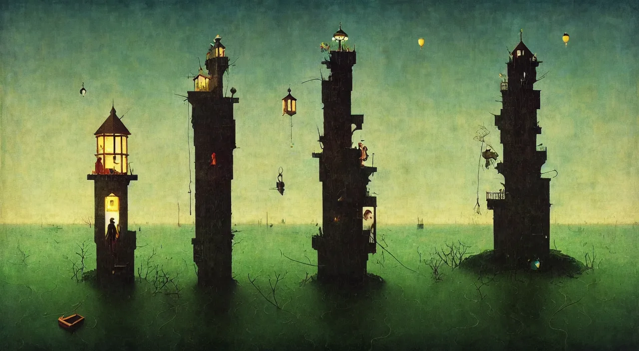 Image similar to single flooded simple!! lamp tower, very coherent and colorful high contrast masterpiece by norman rockwell franz sedlacek hieronymus bosch dean ellis simon stalenhag rene magritte gediminas pranckevicius, dark shadows, sunny day, hard lighting