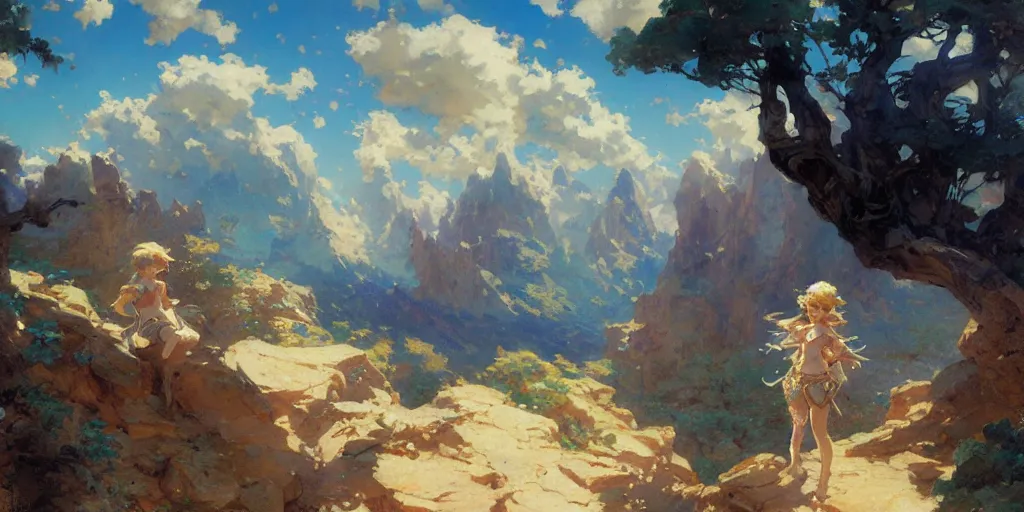 Image similar to cute anime landscape painting by gaston bussiere, craig mullins, j. c. leyendecker