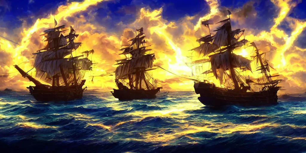 Image similar to pirate ship sailing with glowing birds near the ship, blue sunrays piercing the clouds crepuscular rays, boisterous heaven, raging sky, storm, sun lighting, hd wallpaper thousand sunny one piece, through clouds, makoto shinkai, lighting refraction, volumetric lighting, pixiv art, highly detailed, anime art, symmetrical, anime art