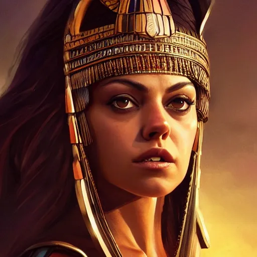 Image similar to a closeup portrait of a young mila kunis as cleopatra, gorgeous view, pyramid background, dramatic lighting, painted by artgerm, painted by greg rutkowski, digital art, trending on artstation