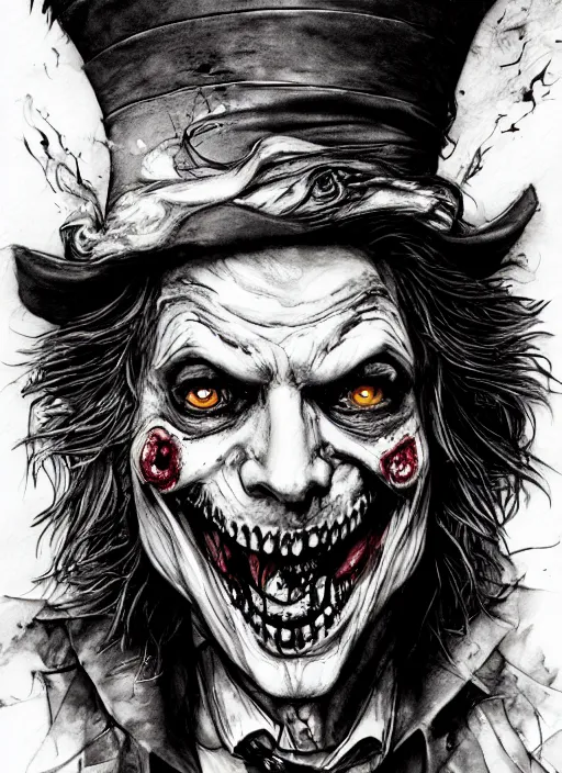 Prompt: portrait, Zombified mad hatter eating the white rabbit, watercolor, dramatic lighting, cinematic, establishing shot, extremly high detail, foto realistic, cinematic lighting, pen and ink, intricate line drawings, by Yoshitaka Amano, Ruan Jia, Kentaro Miura, Artgerm, post processed, concept art, artstation, matte painting, style by eddie mendoza, raphael lacoste, alex ross