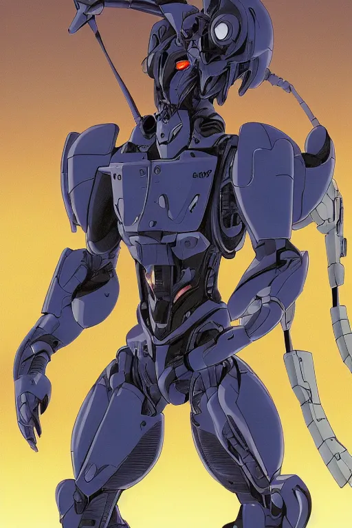 Prompt: boomer from bubblegum crisis at dusk, a color illustration by by tsutomu nihei and tetsuo hara