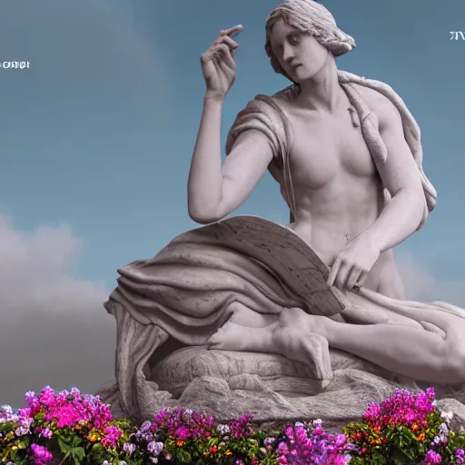 Prompt: a marble statue covered in flowers, full frame, cinematic light, 8k, unreal engine,