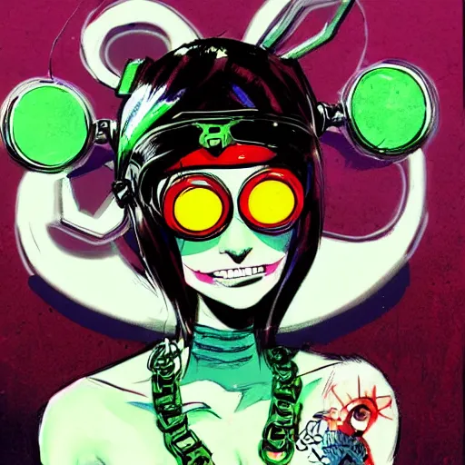 Image similar to cybergoth girl wearing goggles and eccentric jewelry by jamie hewlett, jamie hewlett art, full body character concept art, - h 7 6 8