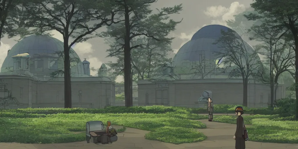 Prompt: A mysterious and godly domed reactor building in a city park, dieselpunk, by Studio Ghibli and Edward Hopper