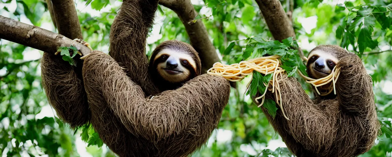 Prompt: a sloth eating spaghetti off a tree, in the style of national geographic, canon 5 0 mm, kodachrome, retro