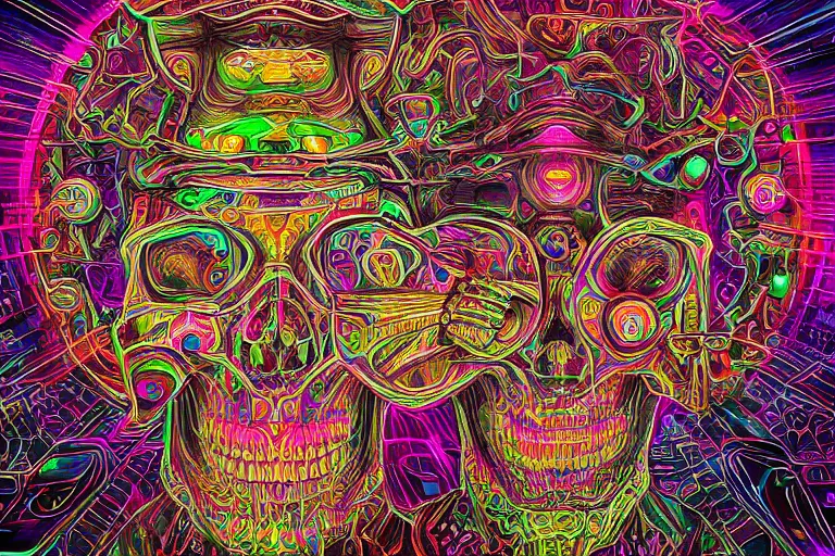 Prompt: futuristic circuit board skull in the style of alex grey, psychedelic dmt visuals, hyper detailed, cinematic shot, symmetry, ancient civilization