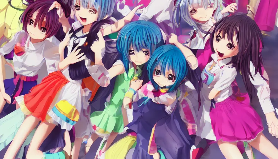 Image similar to three cute anime characters jumping, colorful outfits, realistic face, detailed face, detailed eyes, short miniskirts, lightly dressed, ultra detailed digital art, hyper real, detailed, group photo, ultra detailed, ground up angle