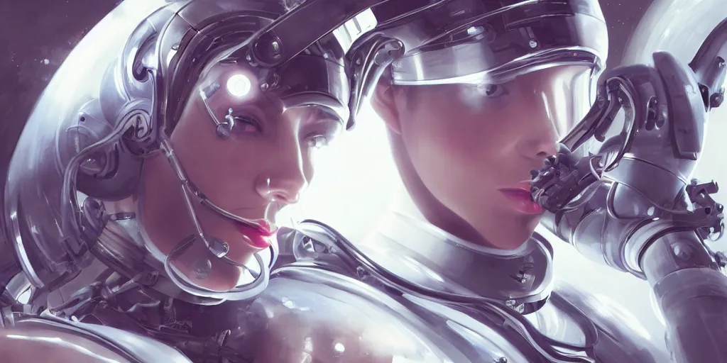 Image similar to a close up still of cyborgs creating humans in a sophisticated bio lab in space, sci - fi, neon lighting, sophisticated, futuristic, highly detailed, intricate, sharp focus, digital illustration, smooth, by artgerm, wlop, syd meade, greg rutkowski, trending on artstation