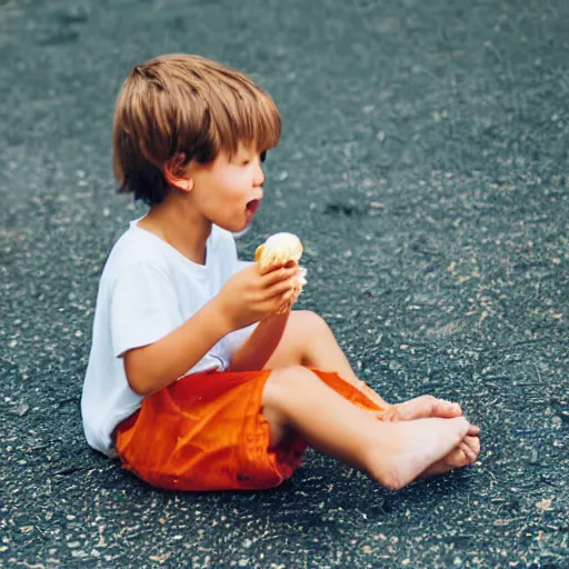 Image similar to little amber boy eating ice cream by a wooden table