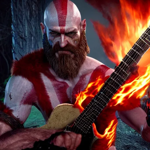 Image similar to kratos shredding on a flaming stratocaster guitar, cinematic render, god of war 2 0 1 8, santa monica studio official media, lightning, stripe over eye