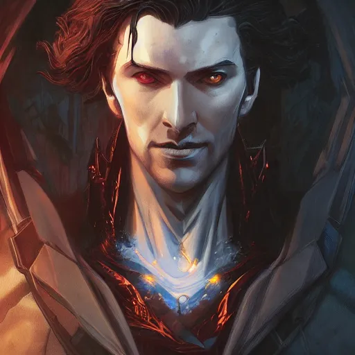 Image similar to portrait of a Castlevania\'s Dracula, in a sci fi setting, cyberpunk setting, highly detailed, digital painting, artstation, smooth, sharp focus, illustration, art by artgerm and greg rutkowski and alphonse mucha