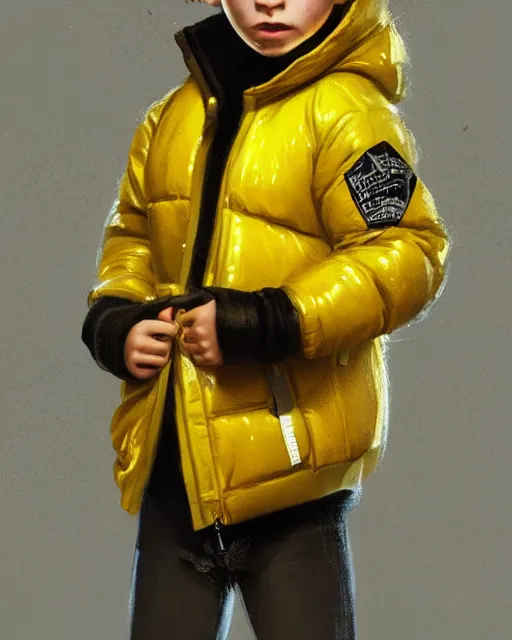 Prompt: a tiny punk kid wearing a puffy yellow jacket, smooth, intricate, elegant, digital painting, artstation, concept art, sharp focus, illustration, art by sam spratt, valorant character,