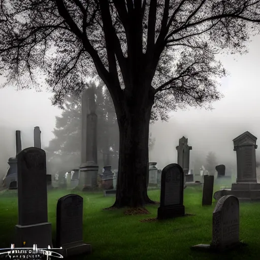 Image similar to memorial statues in a gothic cemetery at dusk, dramatic, gloomy, volumetric light, ground mist