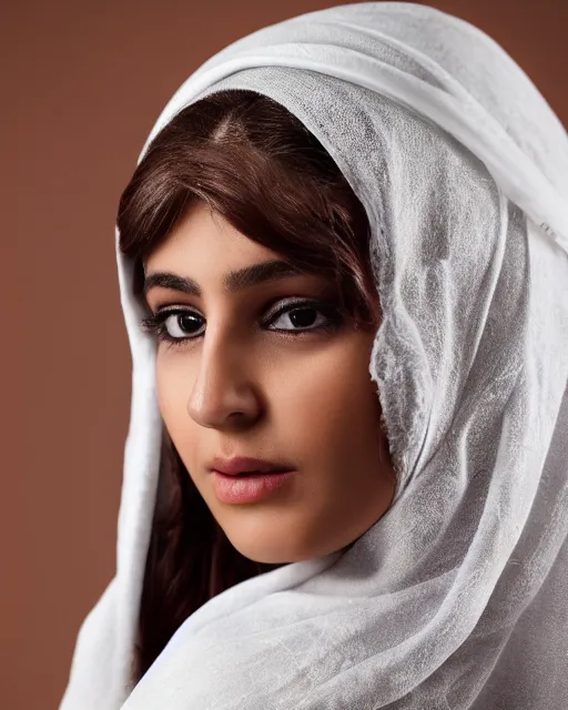 Prompt: a highly realistic, true to life portrait of a beautiful young middle eastern girl, sharp focus, from the waist up, under studio lighting, taken with a canon eos camera with 1 3 5 mm focal length, trending on artstation.