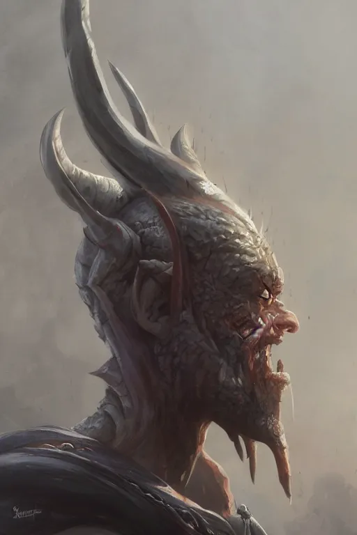 Prompt: dungeons and dragons evil devil character closeup side profile portrait, dramatic light, dungeon background, 2 0 0 mm focal length, painted by stanley lau, painted by greg rutkowski, painted by stanley artgerm, digital art, trending on artstation