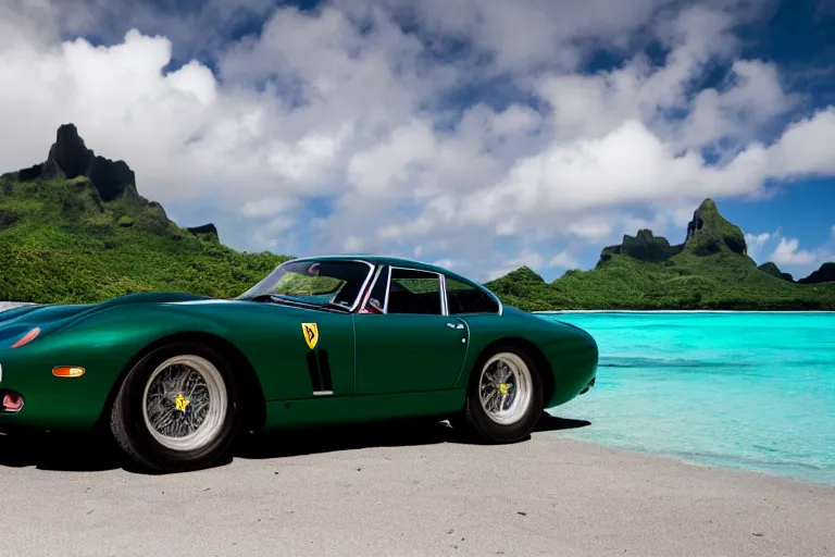 Image similar to cinematography of Ferrari 250 GTO series 2 in bora bora by Emmanuel Lubezki