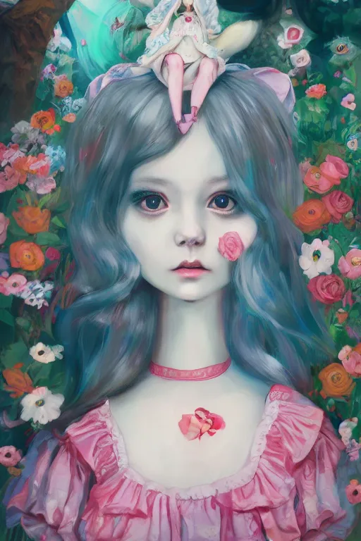 Image similar to Portrait of a doll in alice in wonderland art by Hikari Shimoda, Trending on artstation, artstationHD, artstationHQ, 4k, 8k