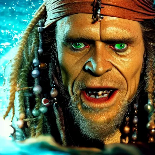 Image similar to Willem Dafoe face, Davy Jones, pirates of the caribbean, octane render, super realistic, portrait shot, under water, light particles, blue and green color