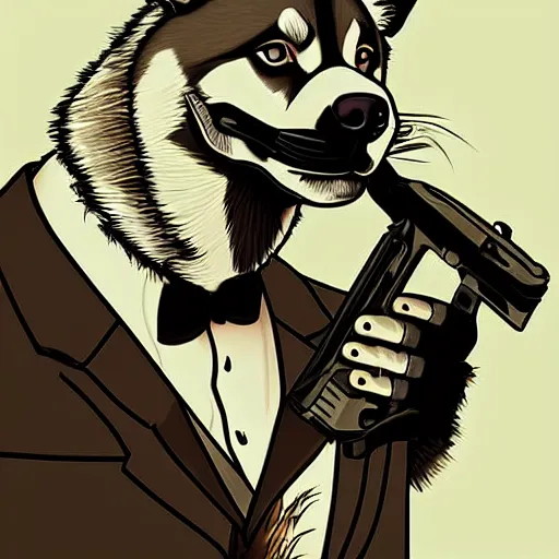 Image similar to a man with a husky's face wearing a suit and holding a gun, Digital art, intricate details, illustration