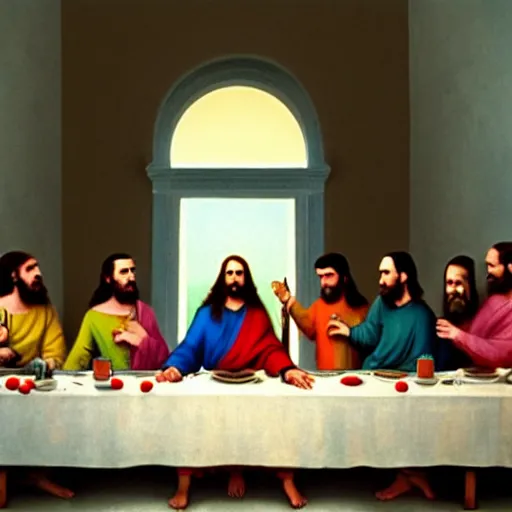 Image similar to a UHD still from an award winning film about last supper set in 2022. Directed by Stanley Kubrick and Wes Anderson, Art directed by Edward Hopper.