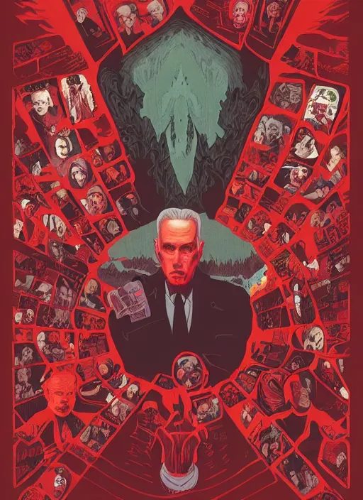 Prompt: Twin Peaks poster artwork by Michael Whelan, by Bob Larkin and Tomer Hanuka, Karol Bak of portrait of Joe Rogan in red flannel, from scene from Twin Peaks, clean, simple illustration, nostalgic, domestic