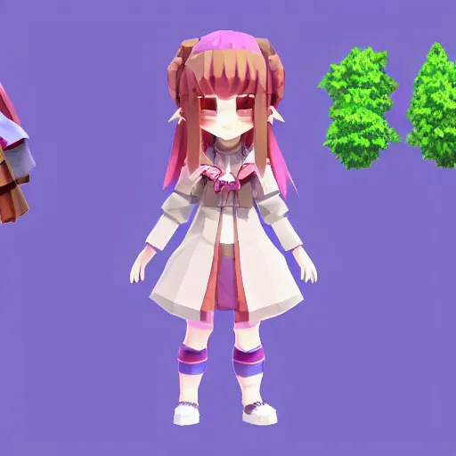 Image similar to ultra low poly modelling, clean graphics, isometric view, 1 6 bit colors, from touhou, made in rpg maker, right side of chibi girl, brown jacket with long sleeves, pigtails hair, volumetric lighting, fantasy, intricate, hyper realistic, by blizzard, warcraft 3, backlit