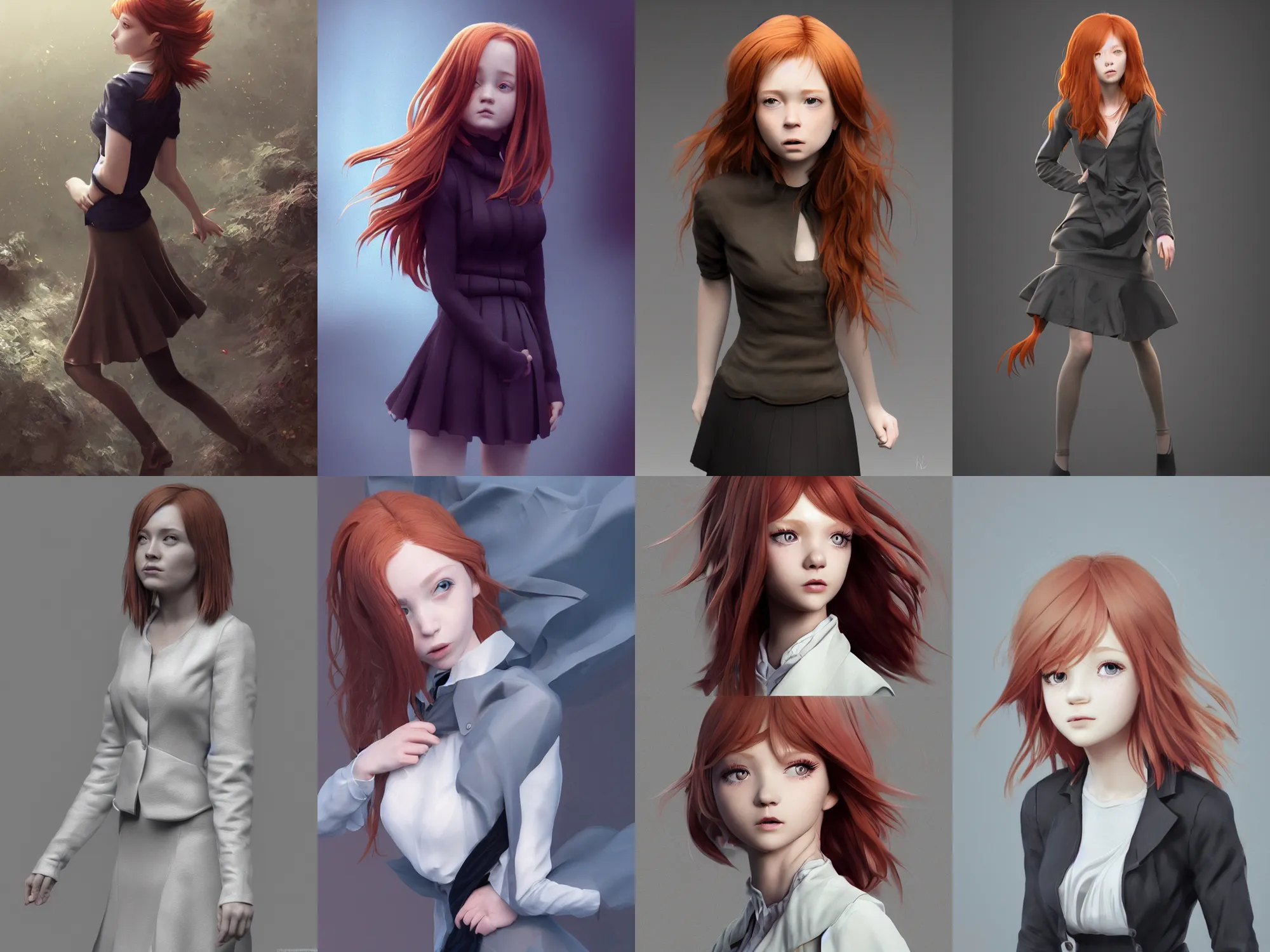 Prompt: Very complcated dynamic composition, realistic at Pixiv, Zbrush sculpt colored, Octane render in Maya and Houdini VFX, young redhead girl in motion, wearing jacket and skirt, silky hair, black stunning deep eyes. By ilya kuvshinov, krenz cushart, Greg Rutkowski, trending on artstation. Amazing textured brush strokes. Cinematic dramatic soft volumetric studio lighting