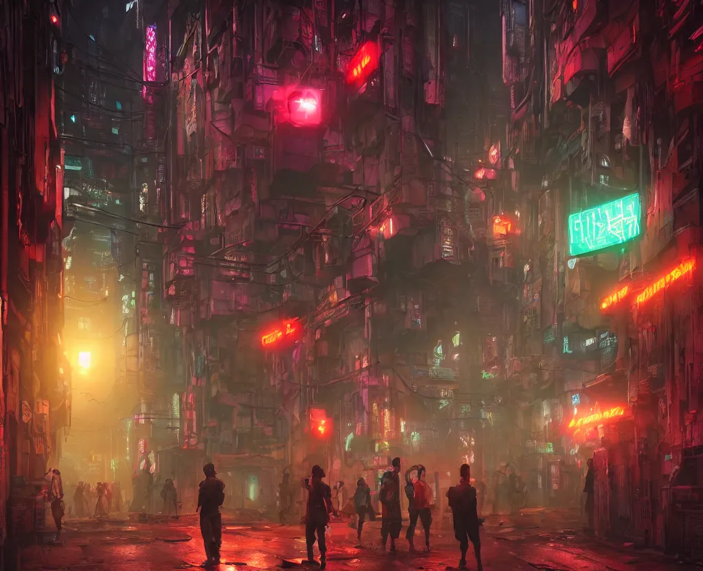 Prompt: close wide angle shot of a matte painting environment design of dystopian cyberpunk alley with neon lights, people on the streets being monitored by flying drones, artstation, design by dreadjim, eddie mendoza, james paick, ultra realistic, volumetric lighting, 4k, octane render