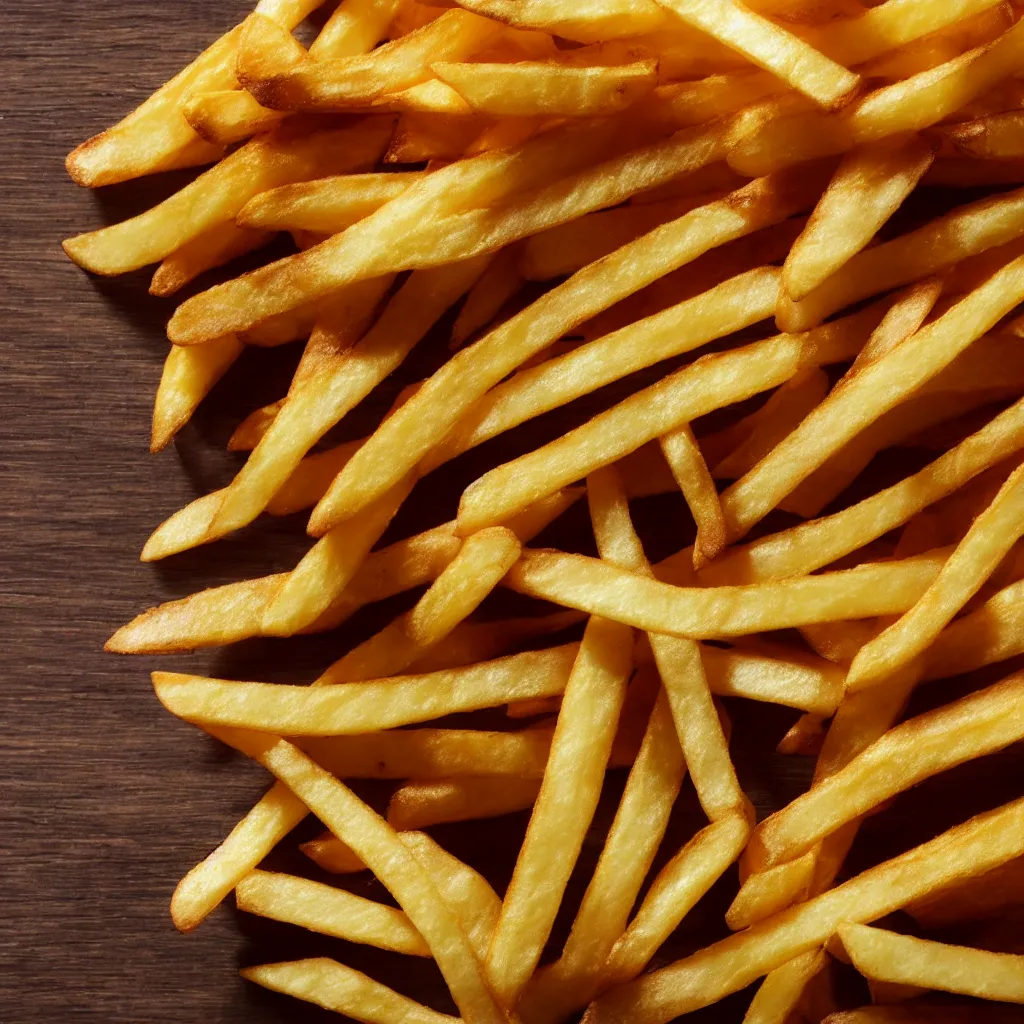 Prompt: close-up view of french fries on top of a wooden table, 8k, high detail, photorealistic, proper shading