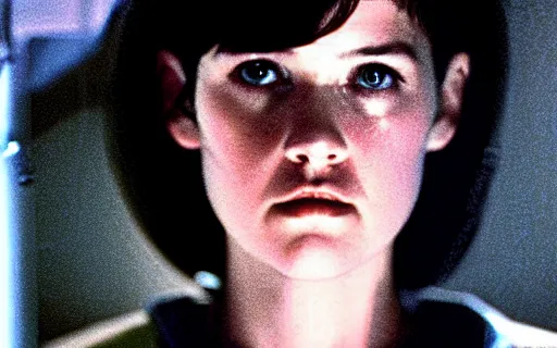 Image similar to full - color cinematic movie still from the 1 9 7 9 film alien starring young phoebe cates as lieutenant ripley. detailed facial - features ; suspense ; action.