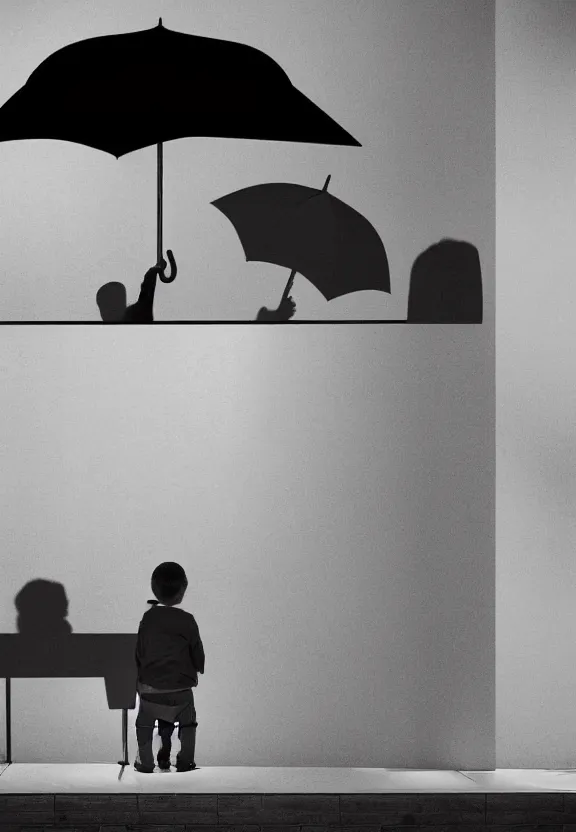 Image similar to little boy holding an umbrella in front of a bar at night, full moon, minimalist, black and white artwork