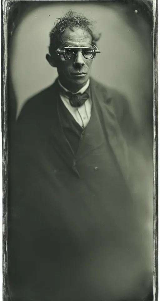 Image similar to a wet plate photograph, a portrait of a scientist