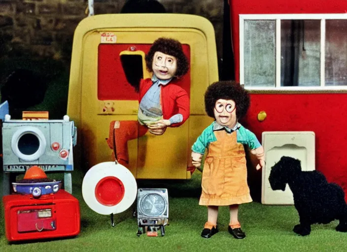 Prompt: a scene from a 1 9 7 0 s british kids tv programme by the bbc and oliver postgate, stop motion animation, postman pat, vhs distortion, folk horror, hauntology