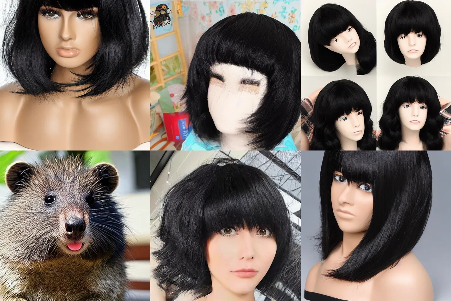 Prompt: black hair wig!! quokka