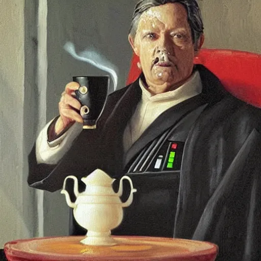 Image similar to darth vader sits on a chair behind a coffee salt on a summer veranda and holds in his hand a small china cup with tea from which steam comes out, in the stylization of paintings of romanticism, detailed facial proportions