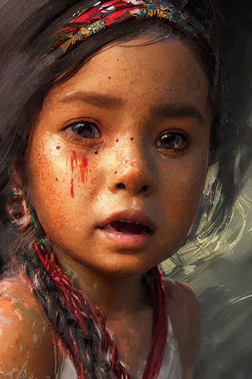 Image similar to aztec little girl, joyful, close - up portrait, intricate, elegant, volumetric lighting, scenery, digital painting, highly detailed, artstation, sharp focus, illustration, concept art, ruan jia, steve mccurry