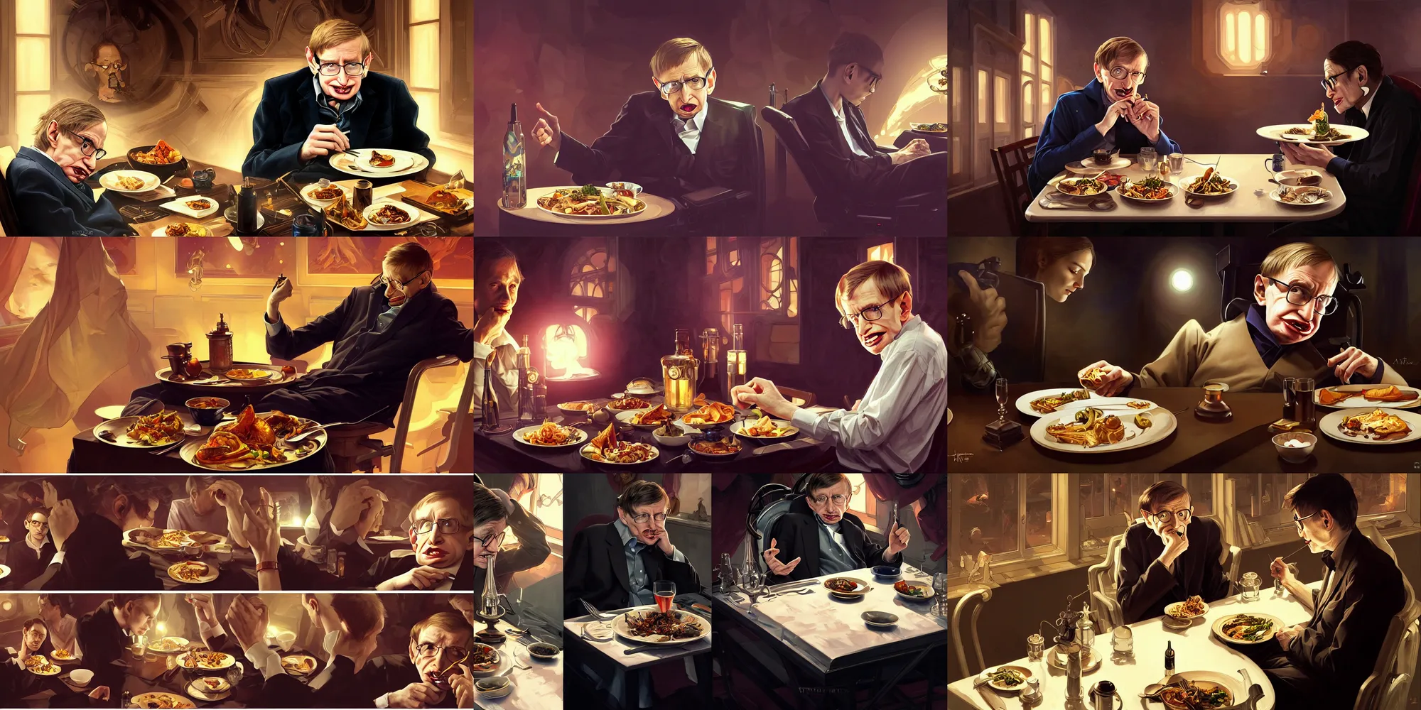 Prompt: stephen hawking eating dinner, character sheet, character design, contrast, deep focus, turnaround, highly detailed, dramatic lighting, digital painting, artstation, concept art, matte, sharp focus, illustration, elegant, art by artgerm and greg f and alphonse mucha.