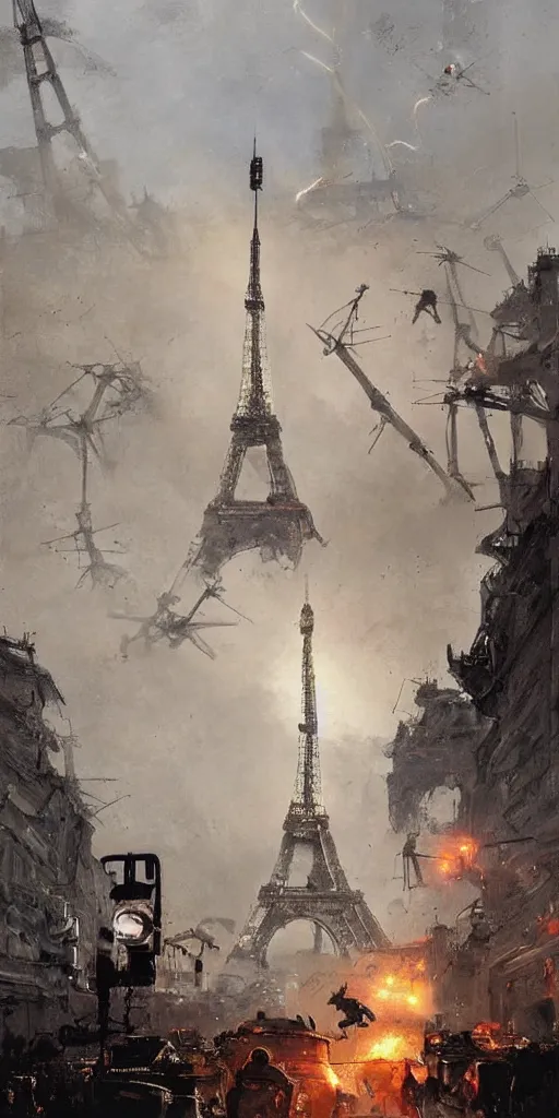 Image similar to war of the worlds, giant mech attack paris, human soldiers, eiffel tower! intense fighting, glowing lights!! digital painting, very detailed, art by jakub rozalski