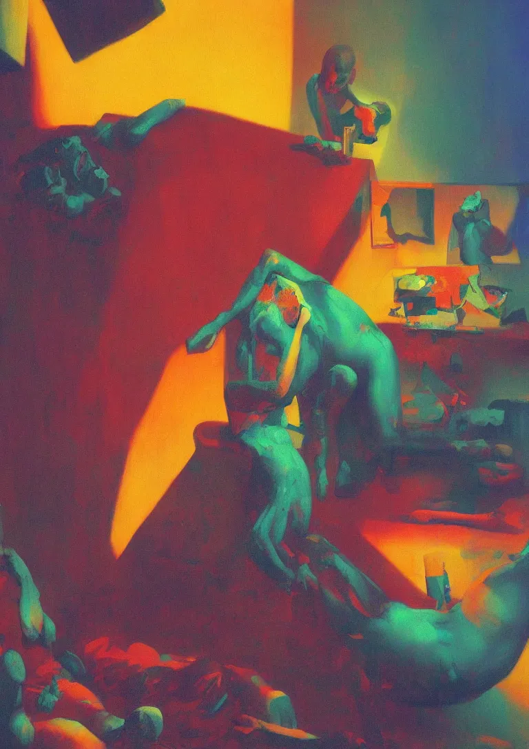 Prompt: man licks a tab of LSD acid on his tongue and experiences psychedelic hallucinations, by Edward Hopper and James Gilleard, Zdzislaw Beksinski, Steven Outram colorful flat surreal design, hd, 8k, artstation